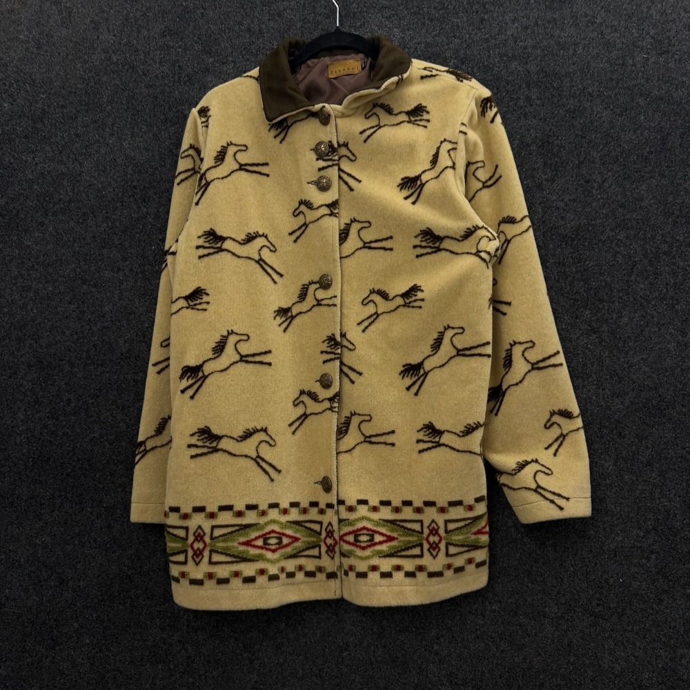Vintage Tsunami Horse Print Fleece Jacket Women Medium Tan Southwestern 90s Coat